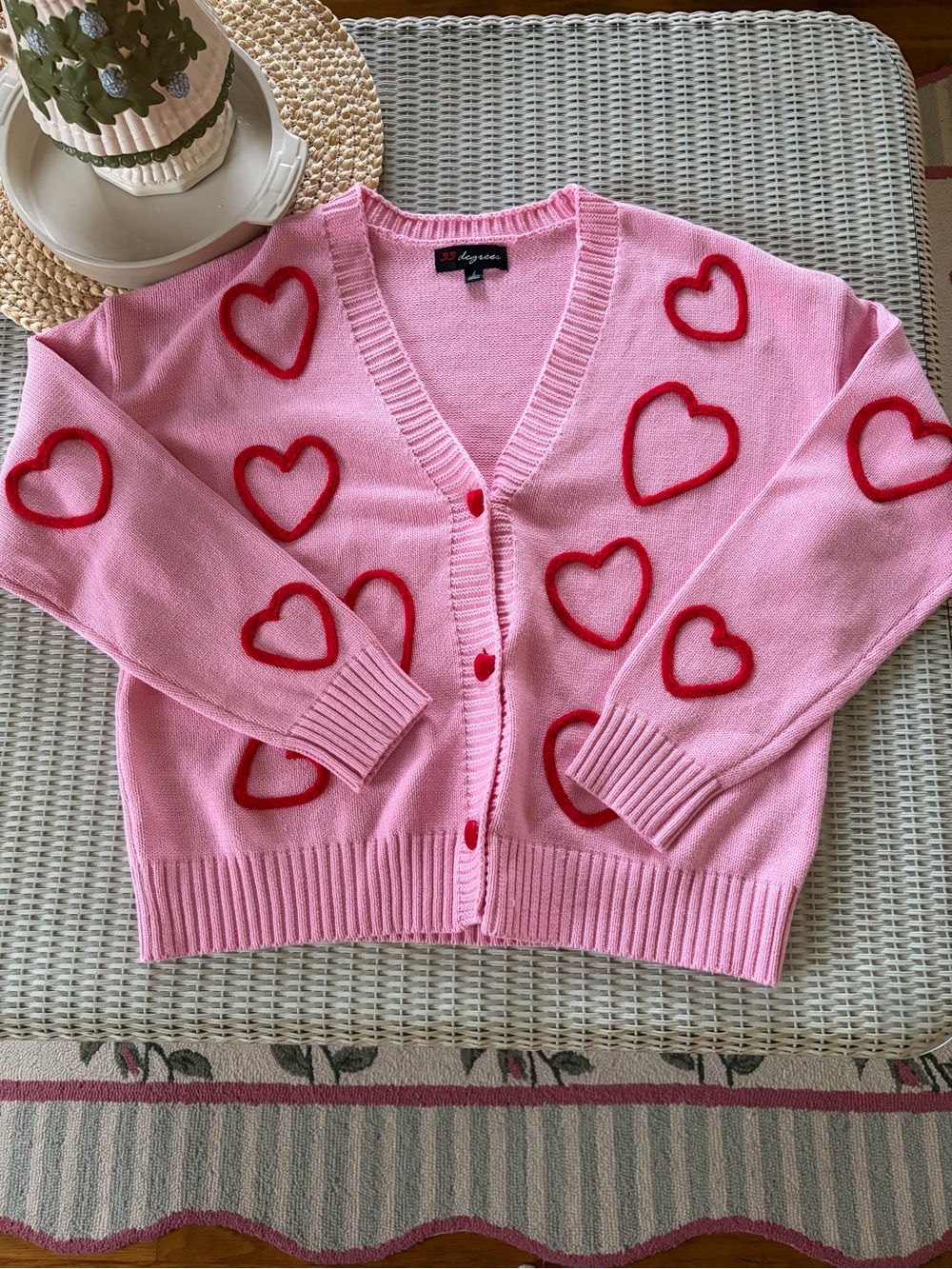 32 Degrees Pink V-Neck Cardigan with Red Heart Accents